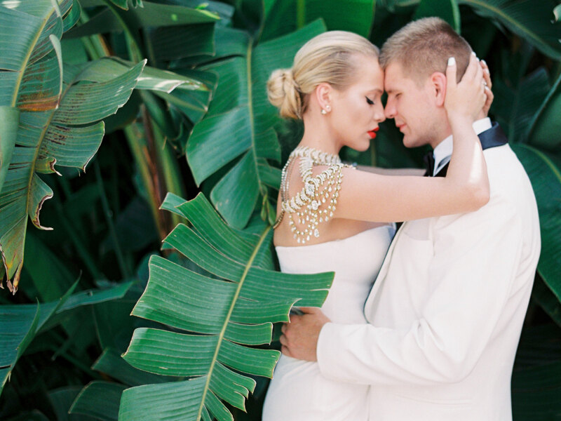 Wedding photography portfolio in Italy: Bride and groom cuddling on the background of large tropical leaves